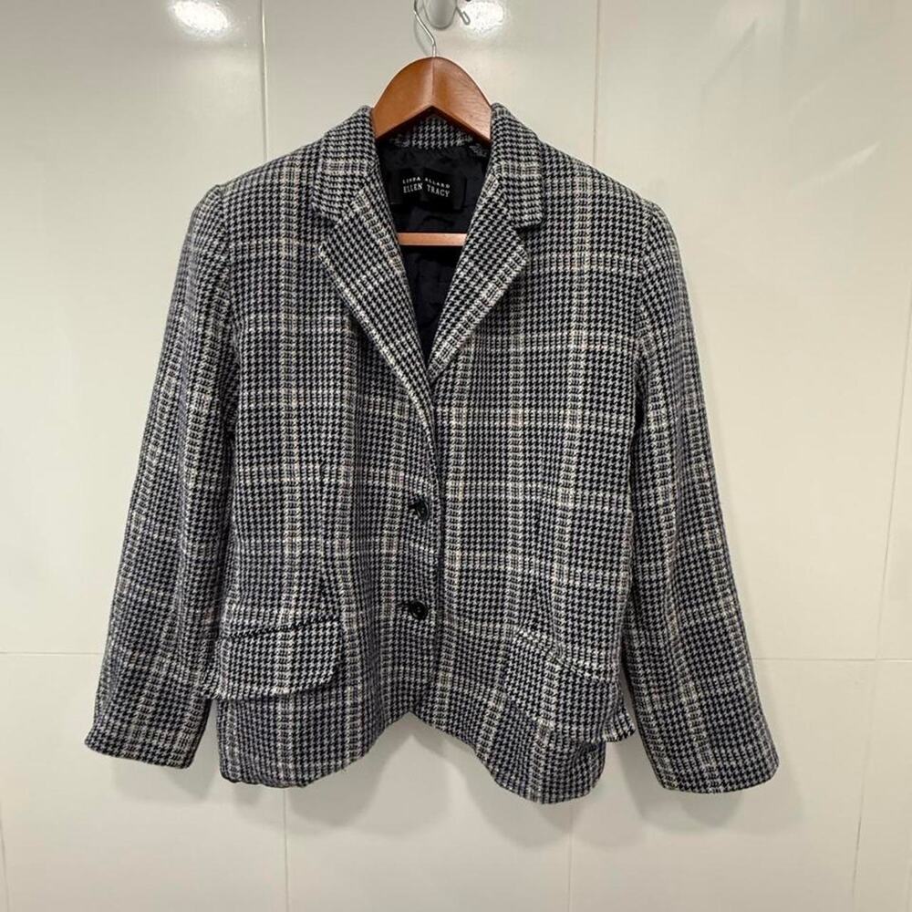 Linda Allard Ellen Tracy Wool Plaid Blazer Gray Black Houndstooth Jacket Size 10
